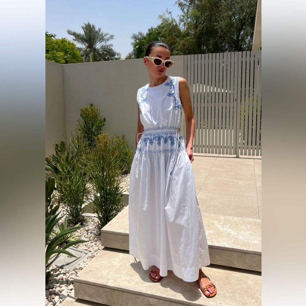 White Maxi Dress with Blue Embroidery - Sleeveless Summer Dress